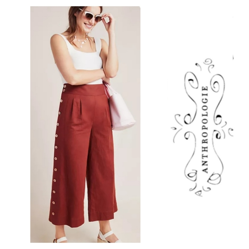 Anthropologie Rust Cropped Wide Leg Pant Size 4 Linen Cotton